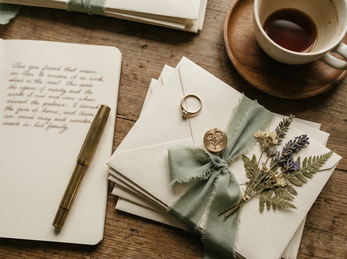 Editorial photography, soft natural light from above, shallow depth of field, candid not posed. Overhead detail of a small handwritten gu...