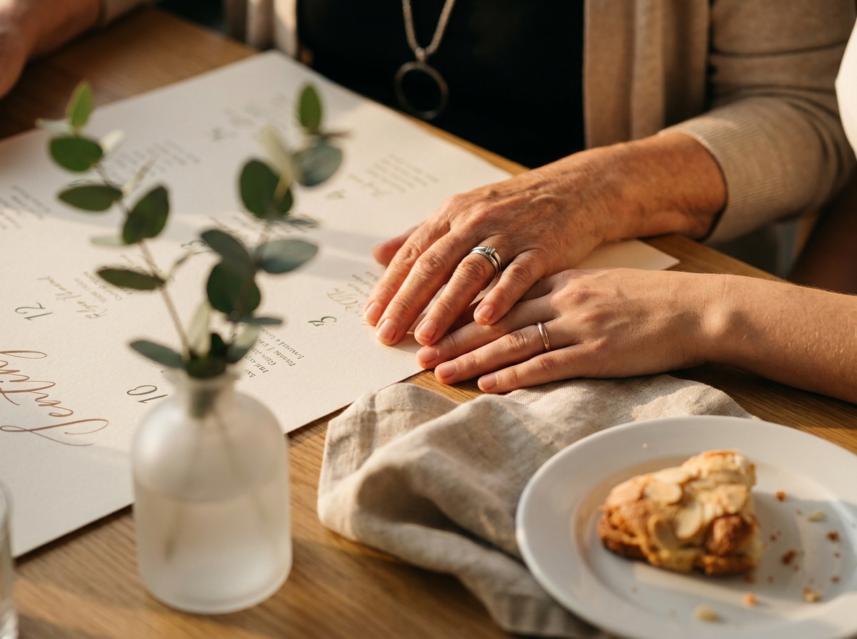 Editorial photography, late afternoon natural light, shallow depth of field, candid intimate moment. A close-up of two hands belonging to...
