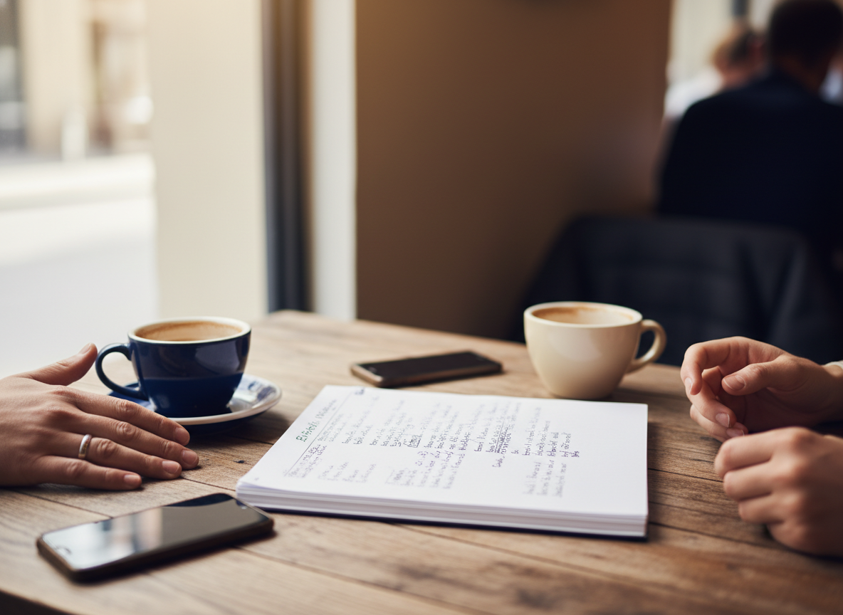 Editorial photography, candid moment, soft warm daylight, shallow depth of field. Close-up of two coffee cups on a wooden café table, two...