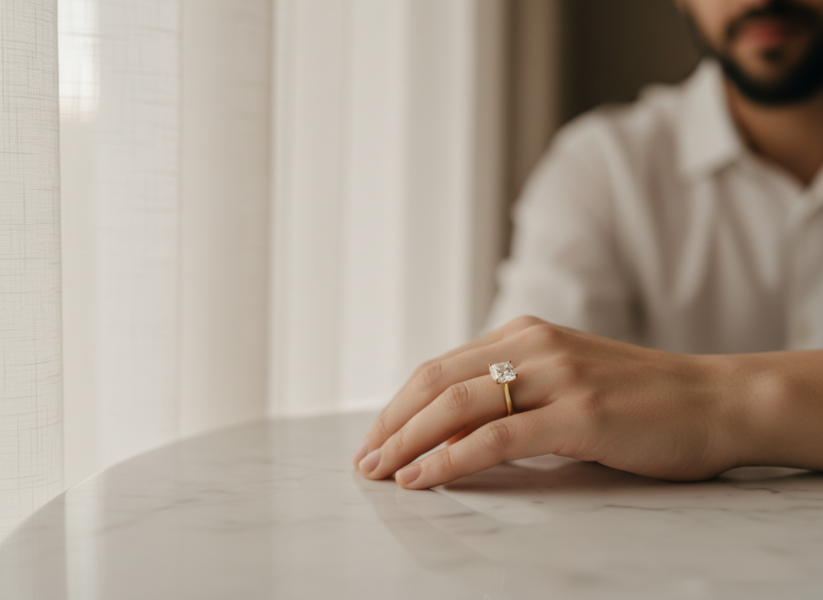 Editorial photography, very soft evening light through gauzy curtains, shallow depth of field. Close-up of a woman's left hand resting on...