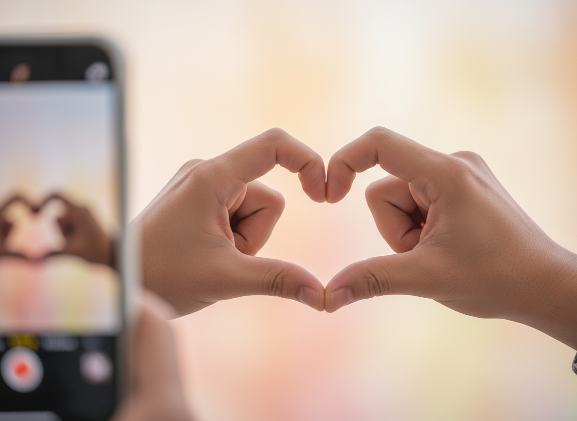Editorial photography, candid, natural light, shallow depth of field. Close-up of two hands meeting in a small heart gesture in front of ...