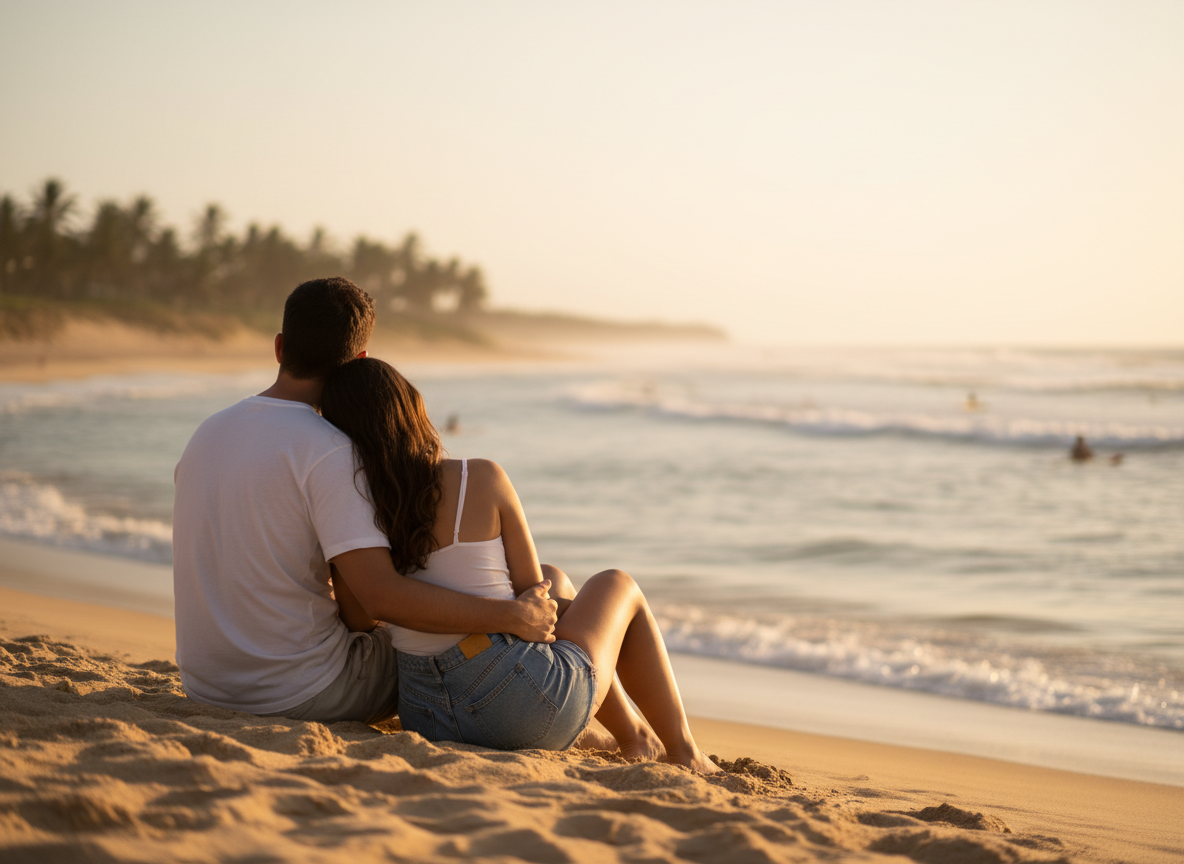 Editorial photography, candid, late afternoon beach light, shallow depth of field. A young couple from behind, sitting on warm sand, look...
