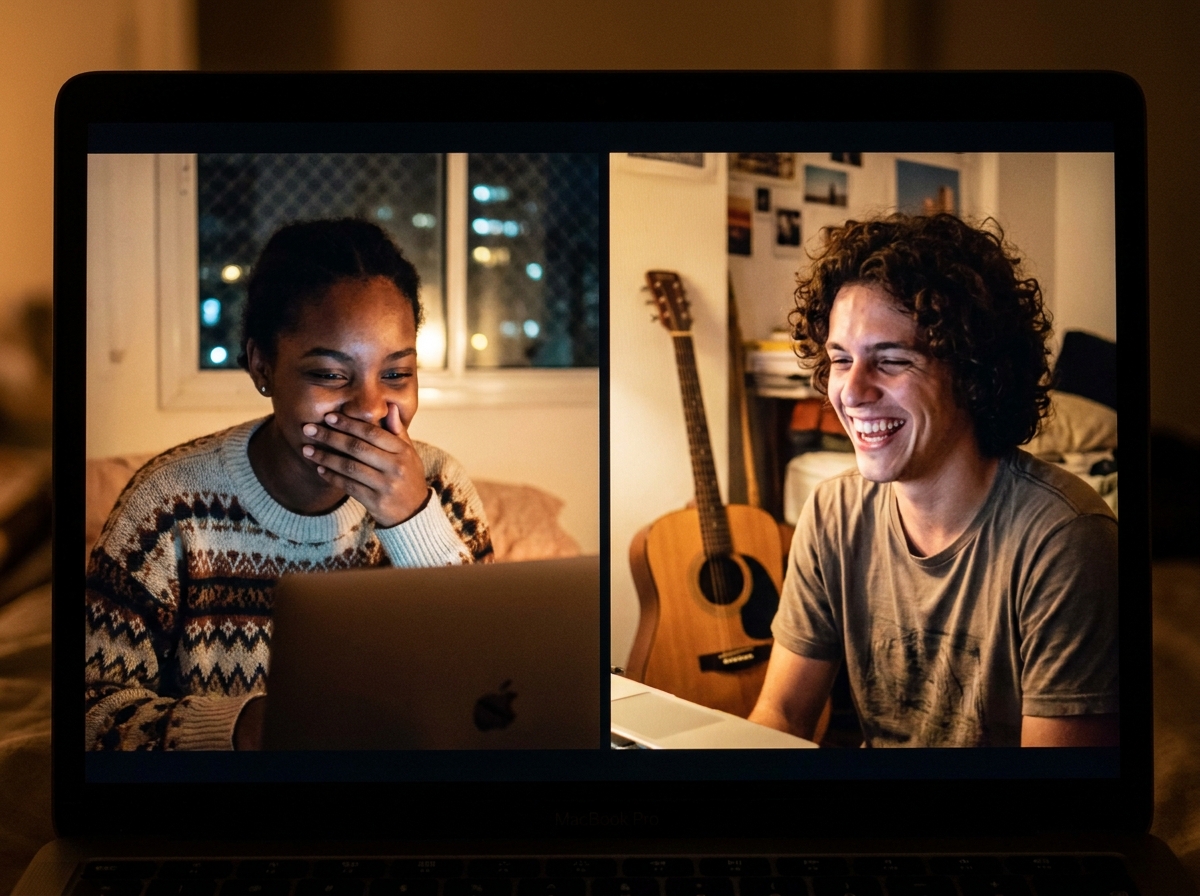 Editorial close-up photograph of two young Brazilian people on a video call, split-screen feeling: on the left half a young woman of colo...