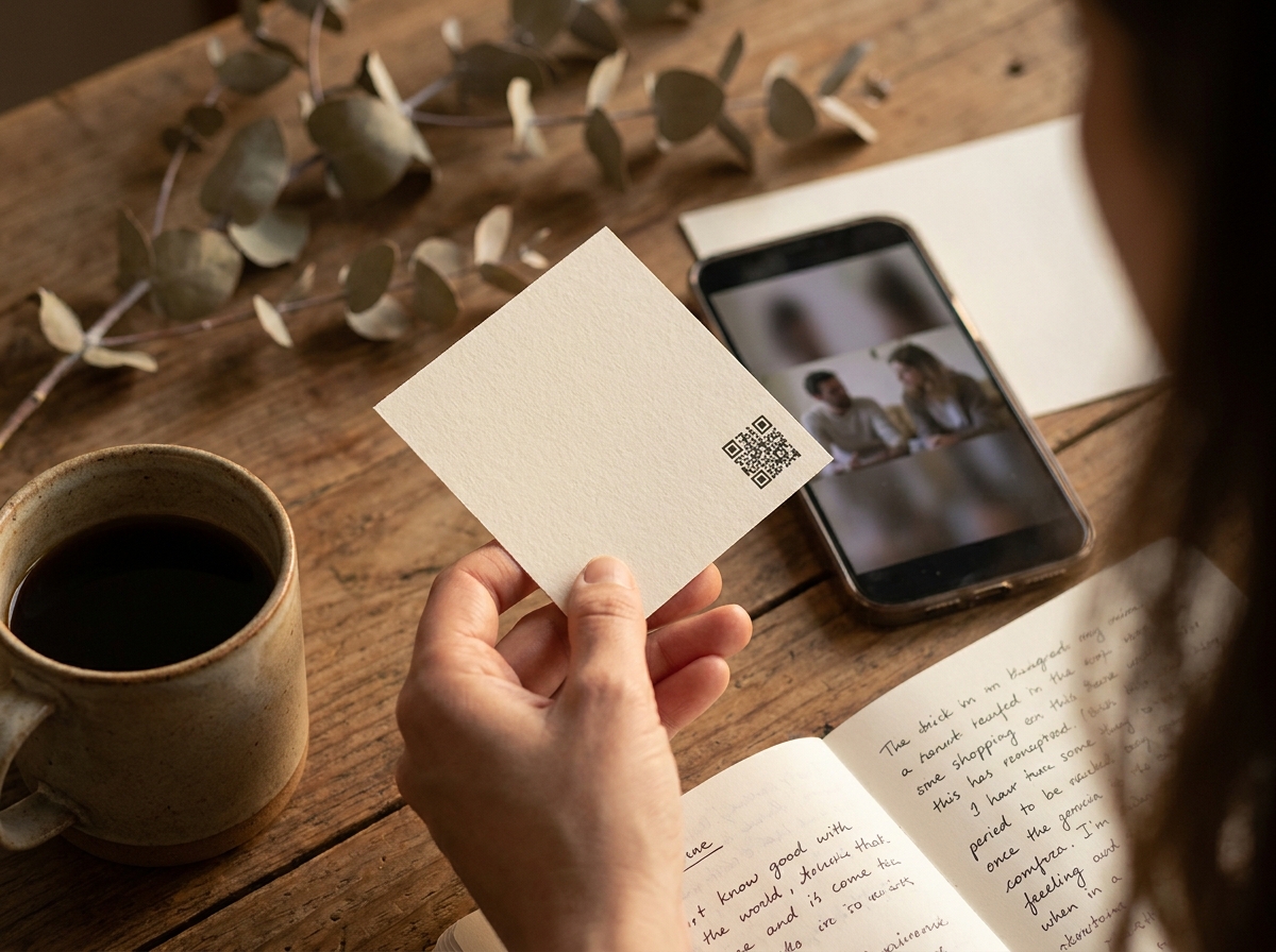 Editorial photograph, intimate detail shot of a hand holding a small printed card with a discreet QR code printed on cream-colored paper,...