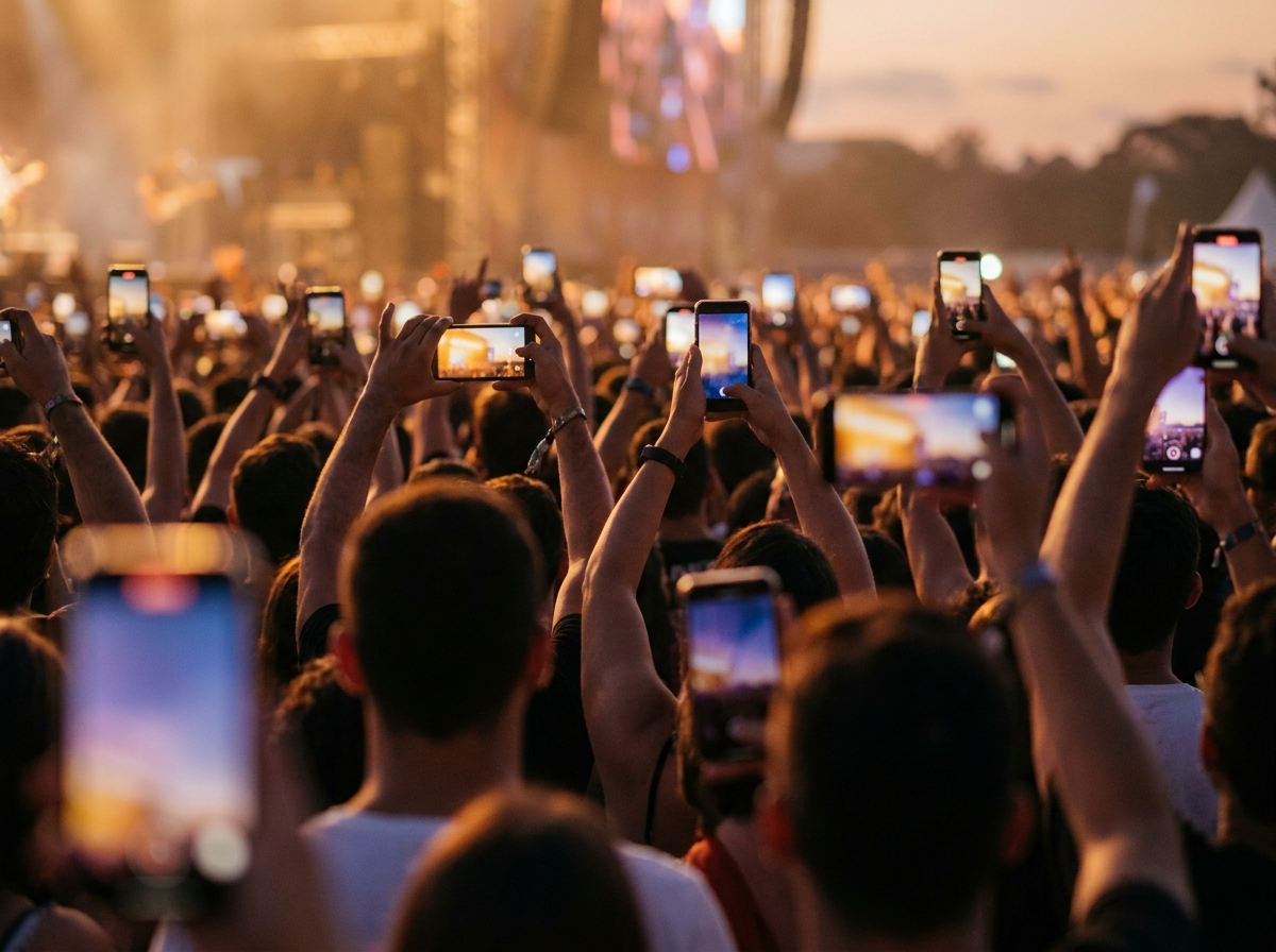 Editorial photography, candid concert crowd from behind, dusk light fading to stage glow, shallow depth of field. A wide medium-shot of a...