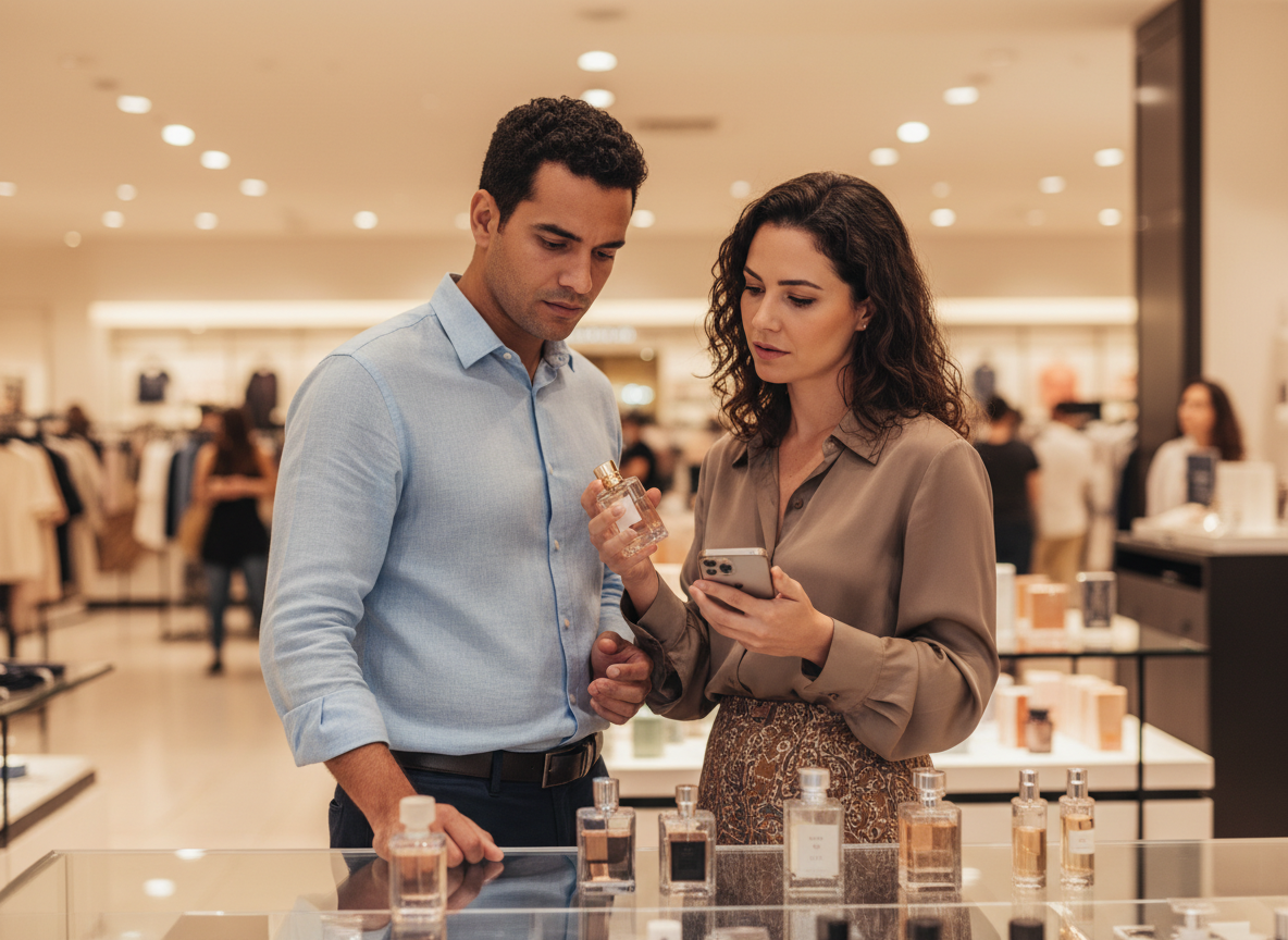Editorial photography, soft natural light, shallow depth of field. A Brazilian couple in their early thirties at a perfume counter in a d...