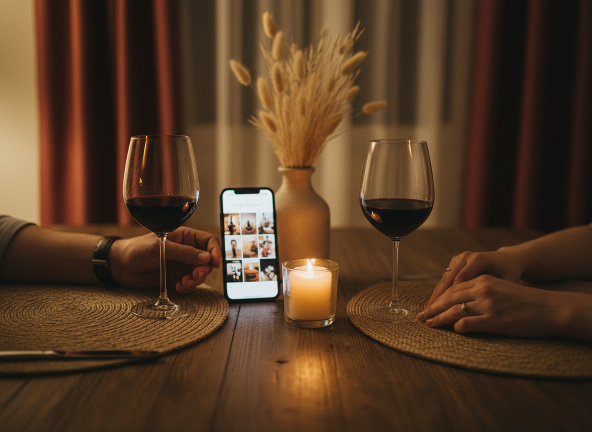 Editorial photography, candid, intimate evening light, shallow depth of field. A small home dinner setup: two glasses of wine, a single c...