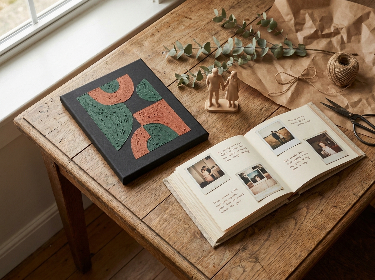 Editorial photography, overhead flat lay on a worn oak table, soft window light, shallow depth of field. A still life of personalized Val...