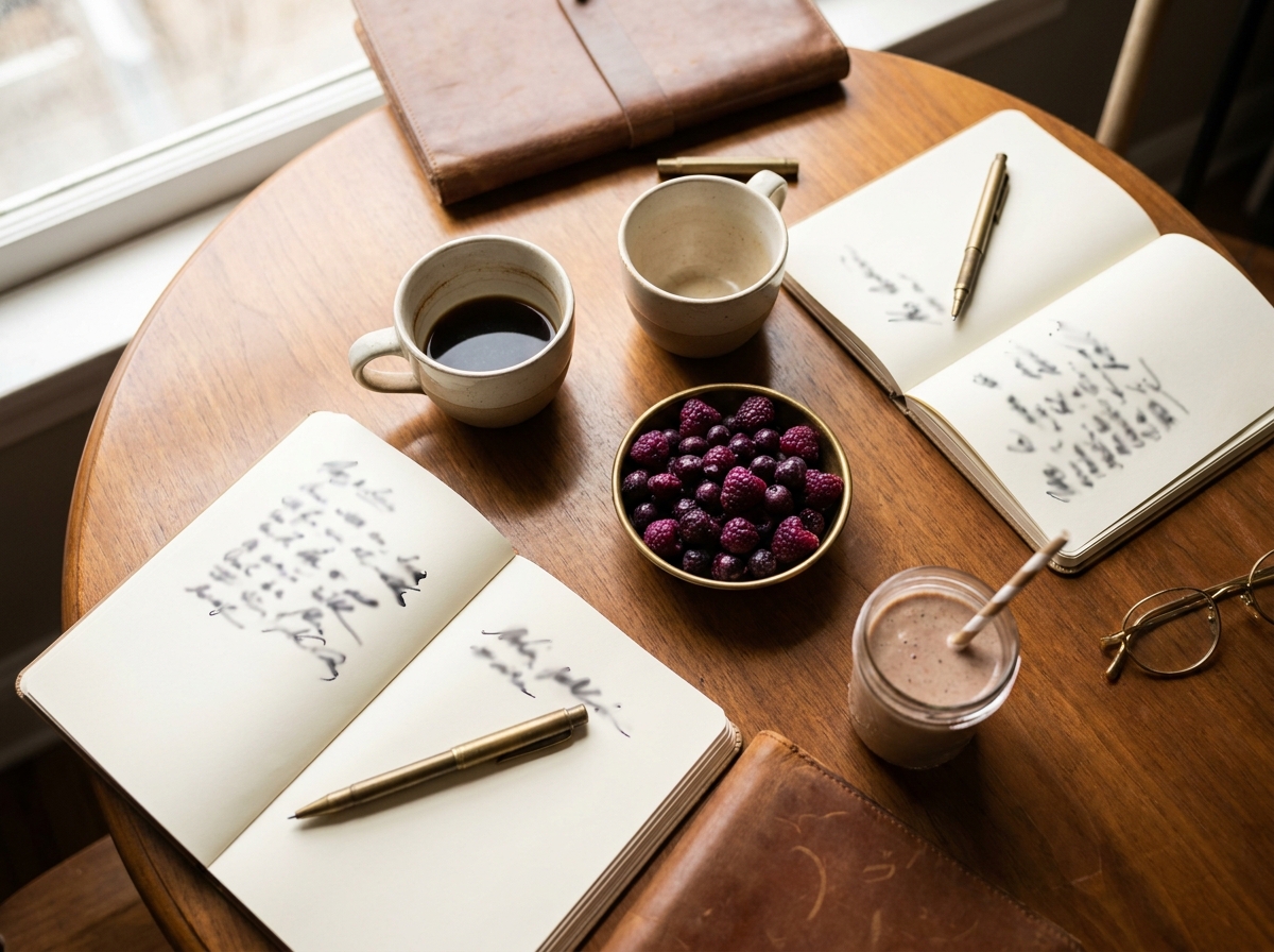 Editorial photography, overhead flat lay on a polished wooden table, soft window light, shallow depth of field. Two coffee cups beside ea...