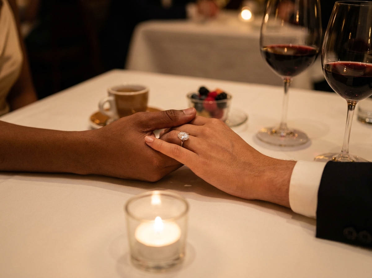 Editorial photography, soft warm tungsten light at dusk, shallow depth of field, candid not posed. A close intimate detail of two hands c...