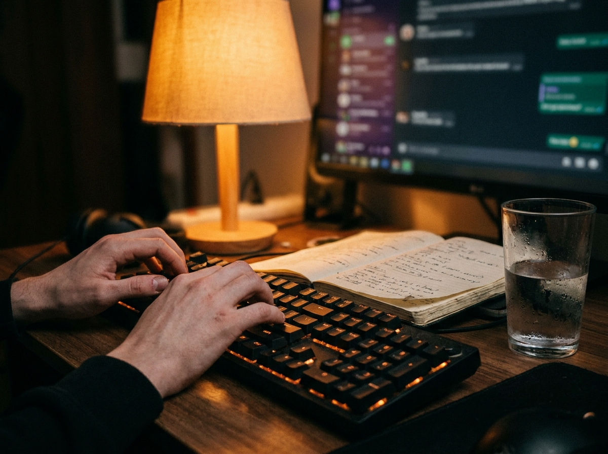 Editorial close-up photograph of two pale hands typing on a backlit mechanical keyboard at a wooden desk, a Discord-like interface barely...