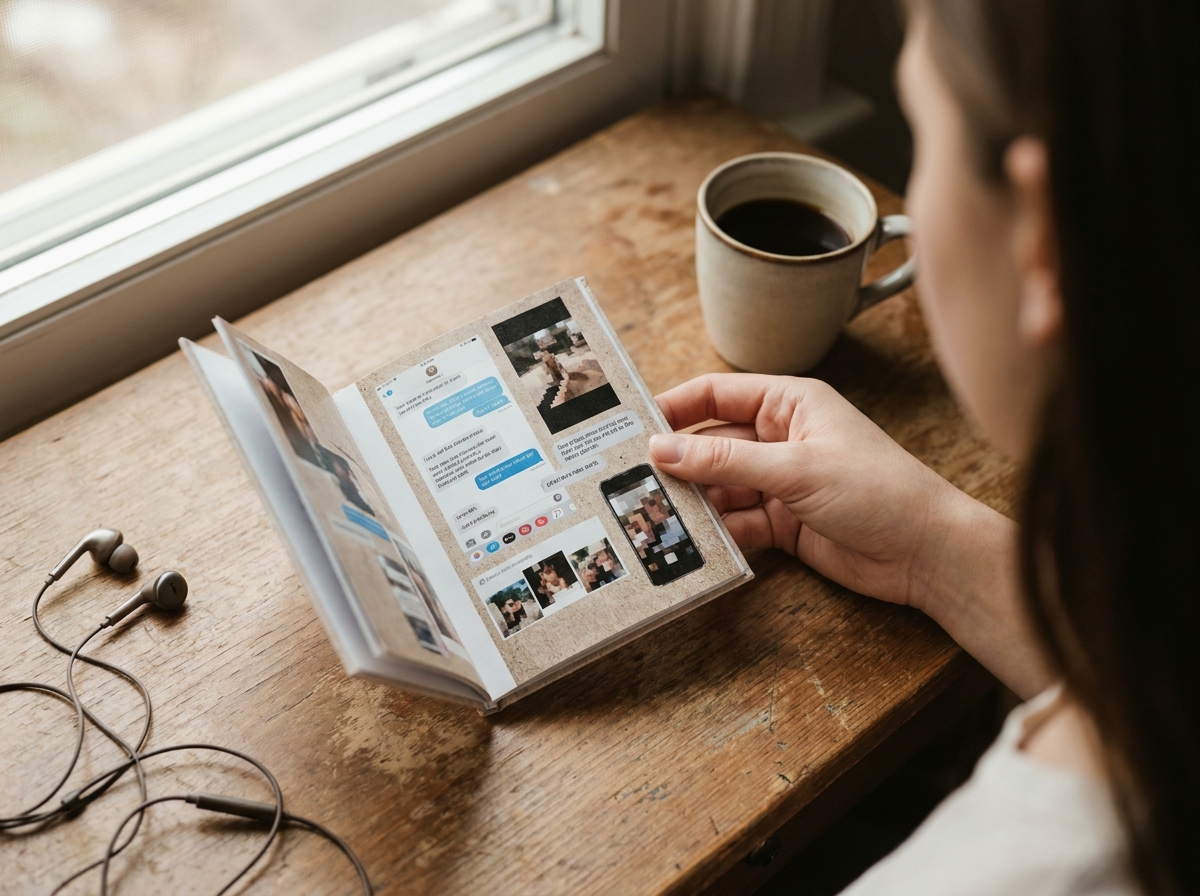 Editorial photograph, intimate detail shot of a young woman's hand holding a small printed photo book open on a wooden desk, the visible ...