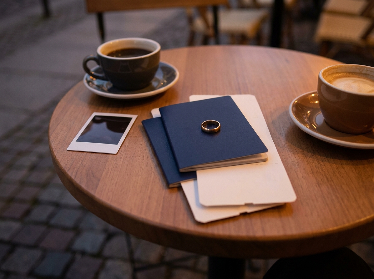 Editorial photography, warm twilight light, shallow depth of field, candid not posed. An overhead detail of a small round wooden table at...